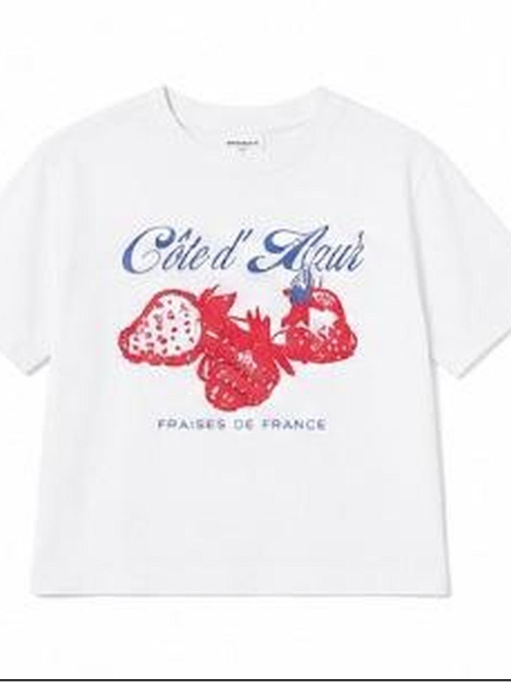 H&M White Tee with Red Strawberry Graphic and Blue Script